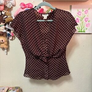y2k le grange brown polka dot button front tie short sleeve shirt size small